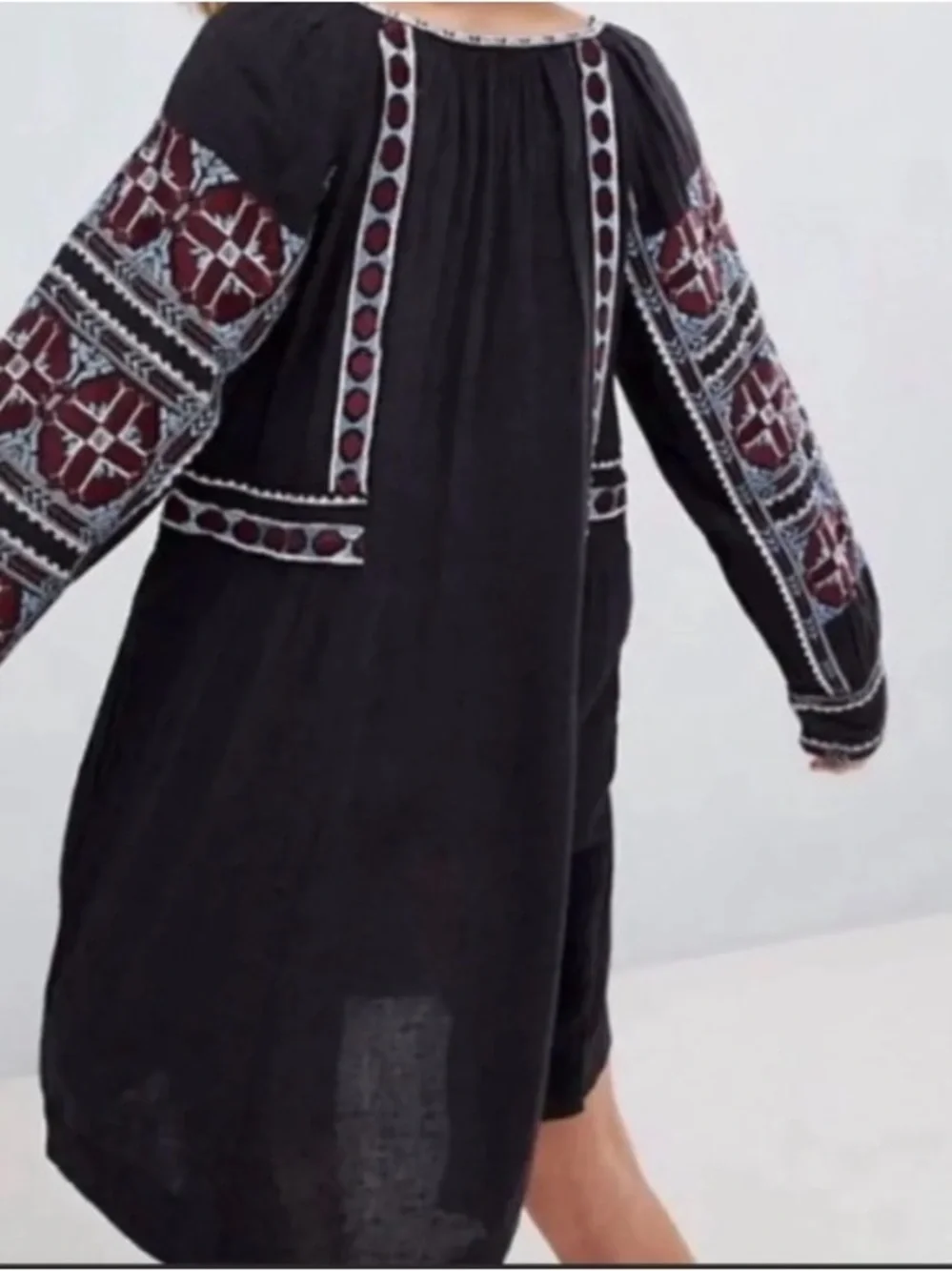 Free People Black Embroidered V-Neck Long Sleeve Mini Dress